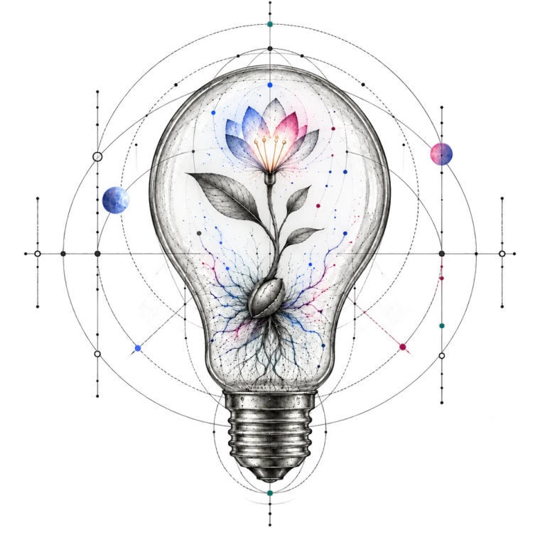 A flower growing inside an etched lightbulb, combining living knowledge and invention.